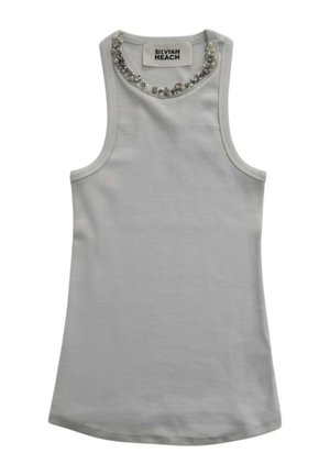 Top bianco senza maniche a coste con scollatura rotonda decorata con perline e perle, etichettato Silvian Heach.
