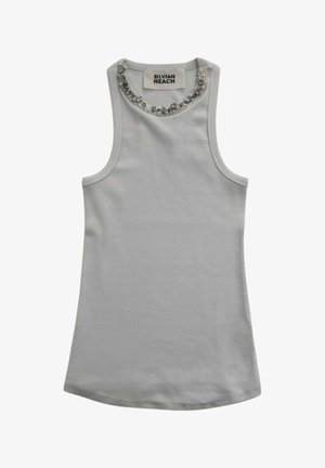 Top bianco senza maniche a coste con scollatura rotonda decorata con perline e perle, etichettato Silvian Heach.