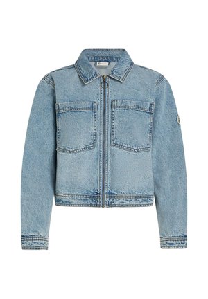 Blauwe spijkerjas met lange mouwen, een kraag, ritssluiting aan de voorkant en twee borstzakken. Heeft een gestructureerde stof.