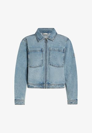 Sininen denim-takki, jossa pitkät hihat, kauluksellinen pääntie, vetoketjukiinnitys edessä ja kaksi rintataskua. Takissa on teksturoitu kangas.