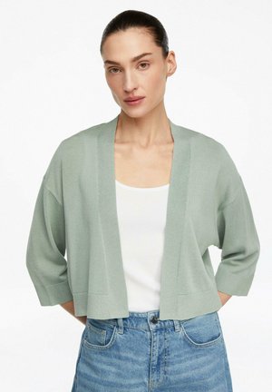 Frau trägt eine hellgrüne, offene Strickjacke über einem weißen Tanktop und blauen Jeans, steht vor einem weißen Hintergrund.