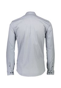 Camicia a maniche lunghe in tessuto azzurro chiaro con un motivo a diamante. Presenta un colletto button-down e polsini con due bottoni. Superficie testurizzata.