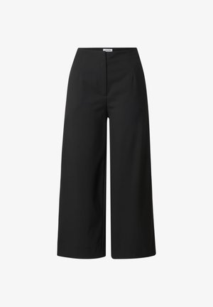 Schwarze weit geschnittene Hose mit hoher Taille, aus glattem Stoff. Verfügt über vorderseitige Falten und ein sauberes, minimalistisches Design.