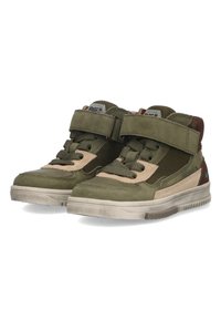 Groene suède en mesh hoge sneakers met beige accenten, vetersluiting aan de voorkant en klittenbandsluiting. Gestructureerde zool met een subtiel profiel.