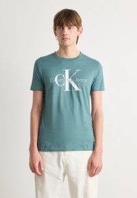 Žalias medvilnės marškinėliai su apvaliu iškirpimu ir trumpomis rankovėmis. Puošia didelė balta logotipo spauda, kuri sako "Calvin Klein Jeans."
