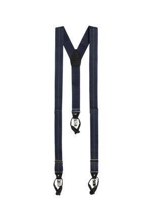 Tirantes de espalda en Y azul marino con detalles en cuero negro y clips metálicos unidos a lazos elásticos negros para pantalones.
