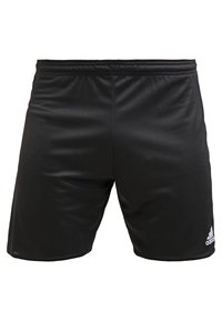 Black athletic shorts made of smooth, lightweight fabric, featuring an elastic waistband and a small white logo on the lower left side.