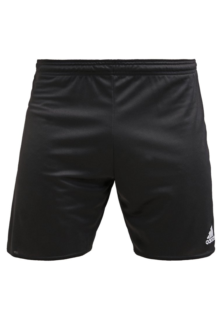 Black athletic shorts made of smooth, lightweight fabric, featuring an elastic waistband and a small white logo on the lower left side.