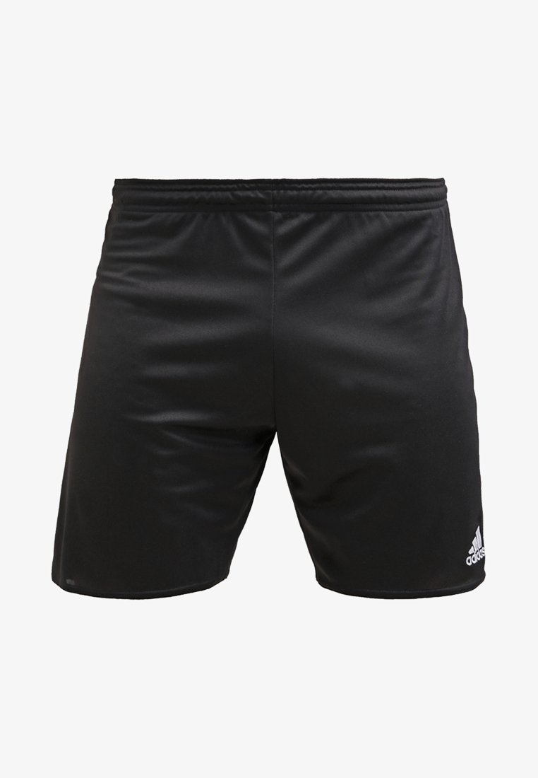 Black athletic shorts made of smooth, lightweight fabric, featuring an elastic waistband and a small white logo on the lower left side.