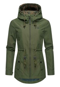 Green waterproof jacket with a hood, drawstring waist, zip and button closure, and patterned interior lining. Two front pockets.
