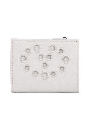 Portafoglio in pelle bianca con ritagli circolari testurizzati disposti in un motivo simmetrico e cursore della cerniera argento in alto.