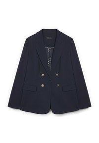 Marineblauer doppelreihiger Blazer mit silbernen Knöpfen, gekerbten Revers, vorderen Pattentaschen und einem gemusterten Innenfutter.
