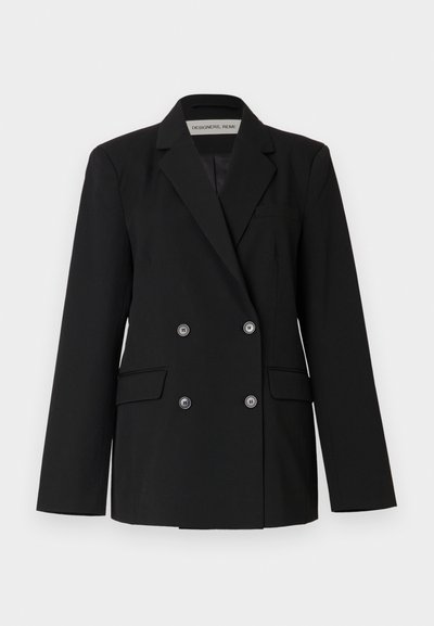 Μαύρο διπλόμπουτο σακάκι με αιχμηλά πέτα, δύο μπροστινές τσέπες και έξι διακοσμητικά κουμπιά. Λείο ύφασμα με ραμμένη εφαρμογή.