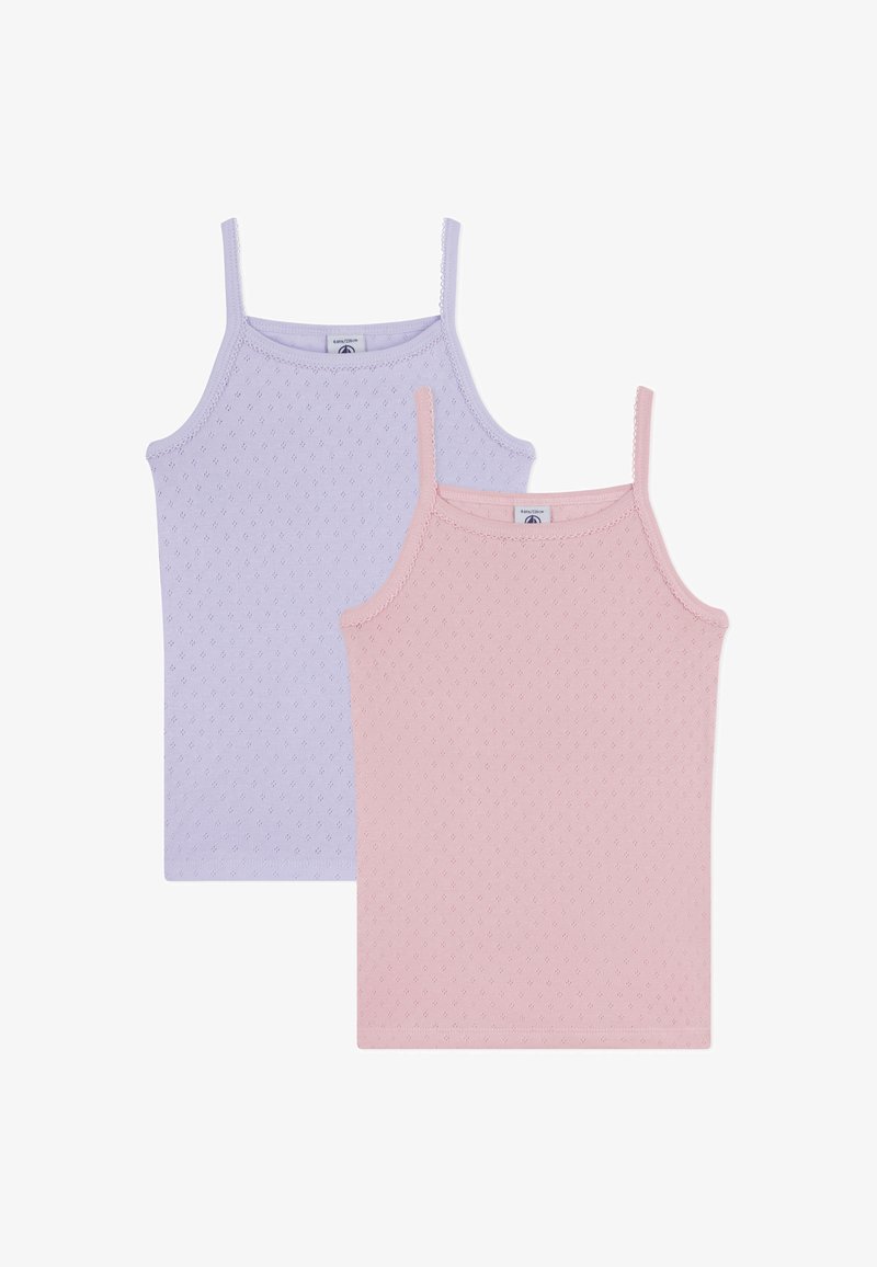 Due canottiere senza maniche in lilla chiaro e rosa chiaro. Il tessuto presenta un motivo texturizzato e un delicato bordo a picot lungo i lati.