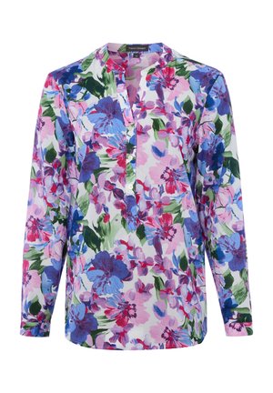 Blouse met lange mouwen en een levendig bloemenpatroon in tinten blauw, roze, paars en groen, met een gedeeltelijke knoopsluiting aan de voorkant.