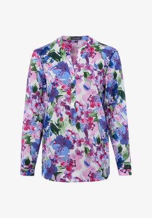 Long-sleeve blouse with a vibrant floral pattern in shades of blue, pink, purple, and green, featuring a partial button-down front.