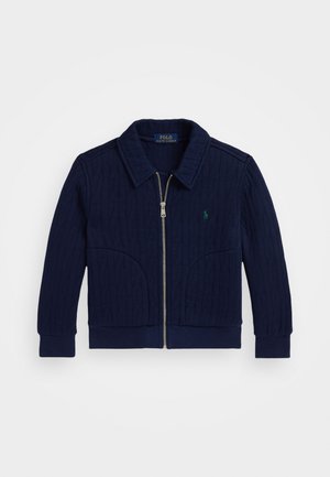 Marineblaues Zip-Jacke mit strukturiertem Zopfmuster, gerippten Bündchen und Saum, ausgestattet mit zwei Fronttaschen und einem kleinen bestickten Logo.