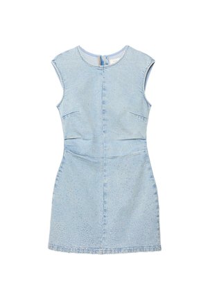 Bez rękawów, jasnoniebieska sukienka dżinsowa z dopasowaną talią, okrągłym dekoltem i ukrytym zamkiem z tyłu.