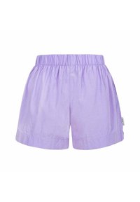 Lilac-colored lightweight shorts with an elastic waistband and a small white tag on the right side seam.