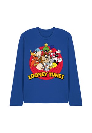 Blue long-sleeve shirt with colorful Looney Tunes characters clustered inside a red circle above the text "LOONEY TUNES" in yellow.