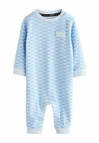 Svetlomodrý detský overal s dlhými rukávmi, žíhanými manžetami a opakujúcim sa vzorom s nápisom „BAKER“, vybavený patentkami na jednom ramene.