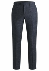 Navy blue dress pants made of textured fabric, featuring a flat front, two side pockets, and a tailored fit, with a zip and button closure.