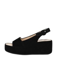 Sandali con zeppa in suede nera, dotati di una fascia e di una chiusura a bottone rotondo, con punta aperta e una suola liscia e spessa.