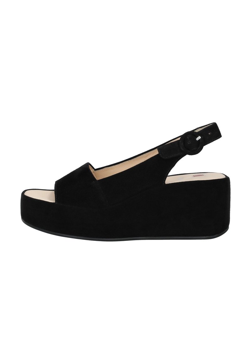 Sandali con zeppa in suede nera, dotati di una fascia e di una chiusura a bottone rotondo, con punta aperta e una suola liscia e spessa.