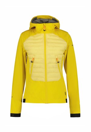 Yellow outdoor jacket with a padded front, full zip, detachable hood, and two front pockets. Features black accents and elastic cuffs.