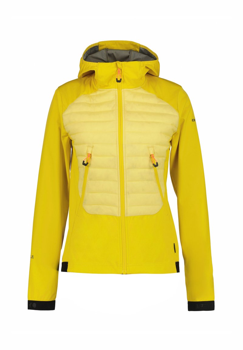 Yellow outdoor jacket with a padded front, full zip, detachable hood, and two front pockets. Features black accents and elastic cuffs.