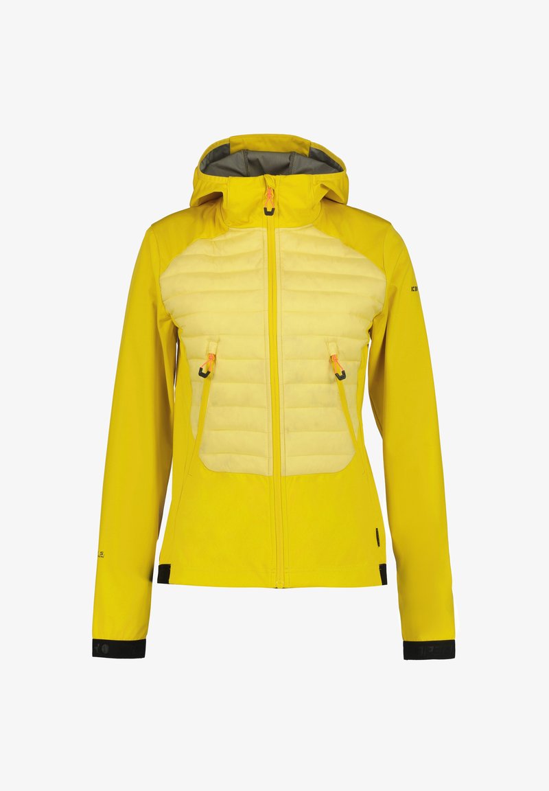 Gelbe Outdoor-Jacke mit gepolstertem Vorderteil, durchgehendem Reißverschluss, abnehmbarer Kapuze und zwei Vordertaschen. Sie hat schwarze Akzente und elastische Bündchen.