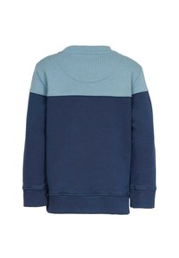 Sininen ja vaaleansininen värilohkoinen collegepaita, jossa on pyöreä pääntie, pitkät hihat ja resorit hihansuissa. Pehmeä materiaali, rento malli.