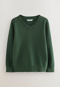 Groene V-halstrui met geribde textuur, lange mouwen en een ontspannen fit. Etiket zichtbaar aan de binnenkant van de kraag. Schoon, minimalistisch design.