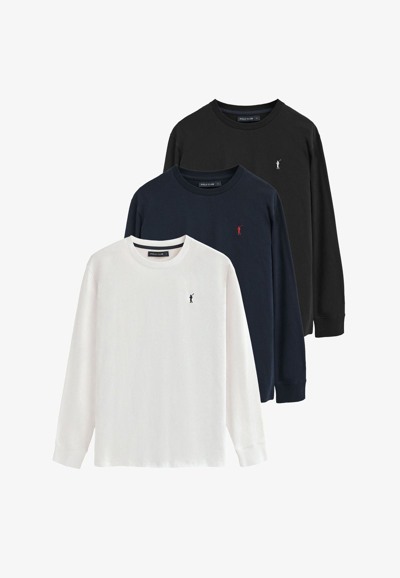 Tre långärmade skjortor i vitt, marinblått och svart. Tillverkade av bomull, med rund halsdesign, ribbade ärmslut, liten logotyp på vänster bröst.