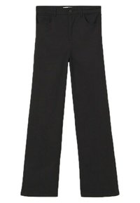 Jean noir à jambes larges en denim, avec une fermeture à bouton et zip à l'avant, cinq poches et une texture lisse.