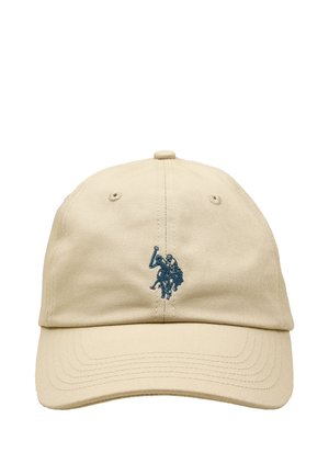 Beige baseball cap with curved brim and navy blue embroidered logo of a polo player on horseback at the center front.