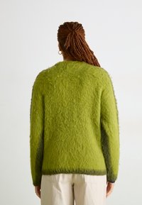 Πράσινο αφράτο πουλόβερ με υφή, με σκούρες γκρι λεπτομέρειες στα μανίκια και το στρίφωμα, σχεδιασμένο για άνετη εφαρμογή.