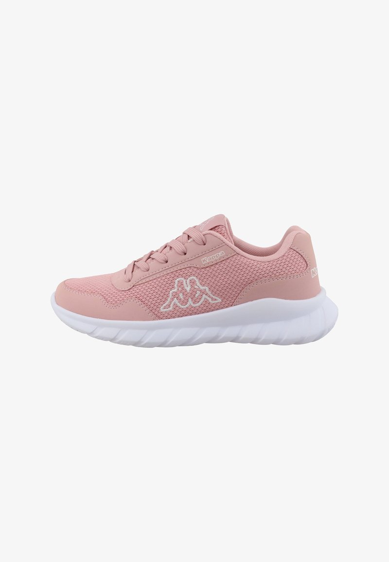 Baskets Kappa roses avec dessus en mesh et synthétique, logo blanc sur le côté et le talon, semelle blanche amortie, fermeture à lacets.