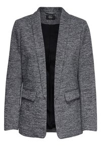 Blazer gris texturizado con solapa de pico, bolsillos frontales y cierre de un solo botón. El material parece suave y está diseñado para un ajuste entallado.