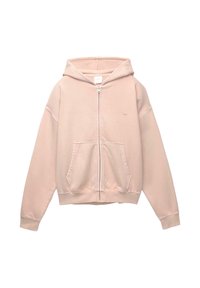 Rosa Zip-Hoodie aus weichem Stoff. Verfügt über eine Fronttasche, eine verstellbare Kapuze und gerippte Bündchen. Einfaches Design mit minimaler Detailierung.