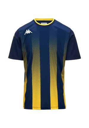 Maglietta sportiva a righe degradate blu navy e giallo con maniche corte e scollo rotondo, con loghi bianchi Kappa sul petto e sulla manica.
