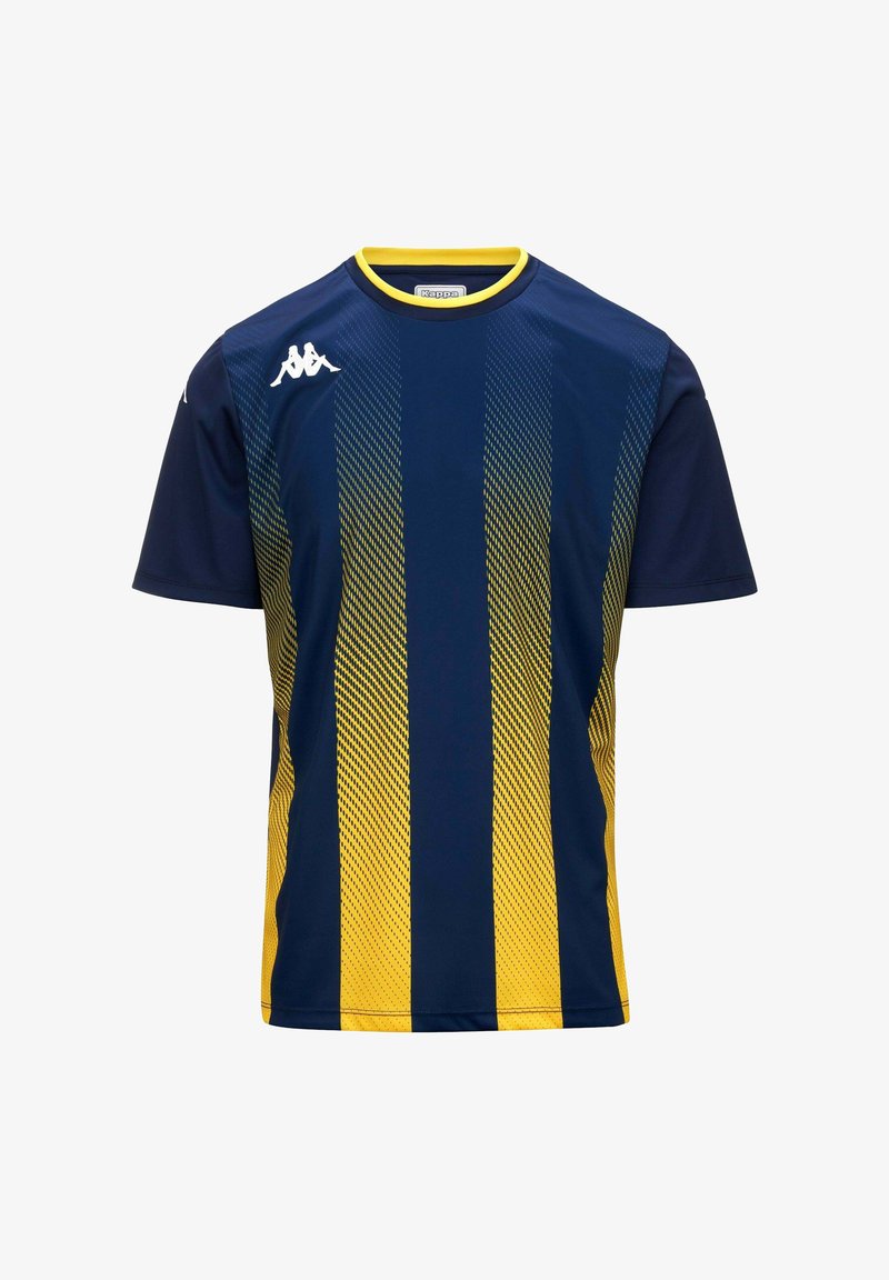 T-shirt de sport rayé dégradé bleu marine et jaune avec manches courtes et col rond, avec logos blancs Kappa sur la poitrine et la manche.