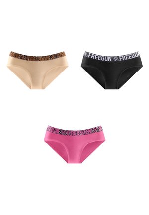 Sous-vêtements bikini pour femmes en beige, noir et rose, chacun avec une ceinture élastique de marque.