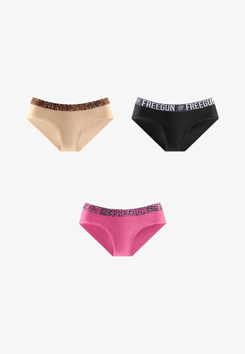 Sous-vêtements bikini pour femmes en beige, noir et rose, chacun avec une ceinture élastique de marque.