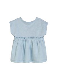 Maglietta in cotone azzurro chiaro con maniche a cappuccio, vita arricciata e scollatura rotonda. Texture liscia e vestibilità rilassata.