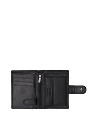 Black leather wallet with multiple card slots, a zippered compartment, and a snap closure; smooth texture and minimalist design.