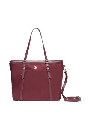 Borsa a spalla in nylon bordeaux con doppio manico superiore e tracolla removibile. Presenta dettagli in metallo dorato e un logo sulla parte anteriore.
