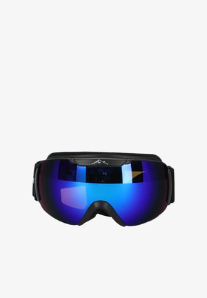 Skibrille mit schwarzem Rahmen, reflektierenden blauen Gläsern und einem weichen schwarzen Riemen. Oben über den Gläsern befindet sich ein Berg-Logo.