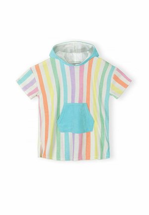 Bluza z kapturem o krótkich rękawach w pionowe pastelowe tęczowe paski z jasnoniebieską kieszenią z przodu na białym tle.