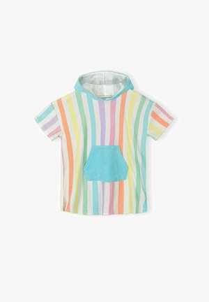 Bluza z kapturem o krótkich rękawach w pionowe pastelowe tęczowe paski z jasnoniebieską kieszenią z przodu na białym tle.